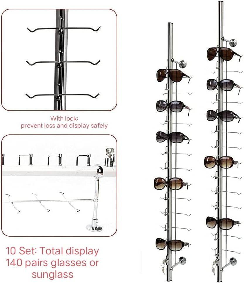 10 Set Retail Display 140 Pairs Wall Mount Eyeglass Sunglasses Display Stand Holder Rack With Lock, Multiple Glasses Organizer Hanging Sunglass Eye Glass Eyewear Display Rack