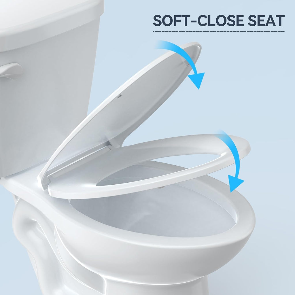 Two-Piece Elongated Toilet Set, Water Conserving Single Flush with Soft-Close Seat, Standard Installation for Home Bathrooms