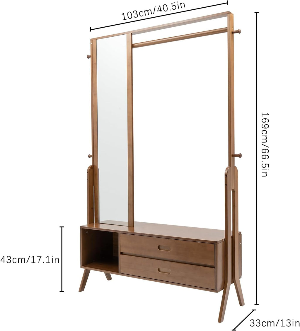 Bamboo Garment Rack with Mirror and Drawer,Floor Standing Closet Organizers,Coat Rack,Open Wardrobe for Entryway Bedroom Livingroom