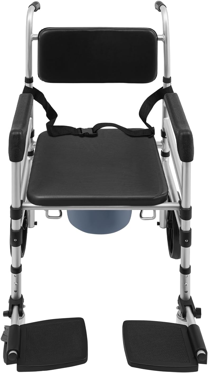 Foldable Shower Chair with Wheels, Rolling Shower Wheelchair Bedside Commode Chair with Arms, Portable Height Adjustable Bathroom Shower Chair for Seniors Adult Disabled (U-Shaped, with Sofa Cushion)