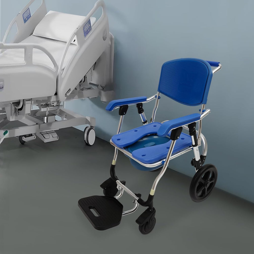 Adjustable Shower Commode Wheelchair, 275lbs Capacity Aluminum Shower Chair, Padded Seat & Commode Opening - Portable Bathroom Wheelchair for Adults, Elderly, Patient Home Care