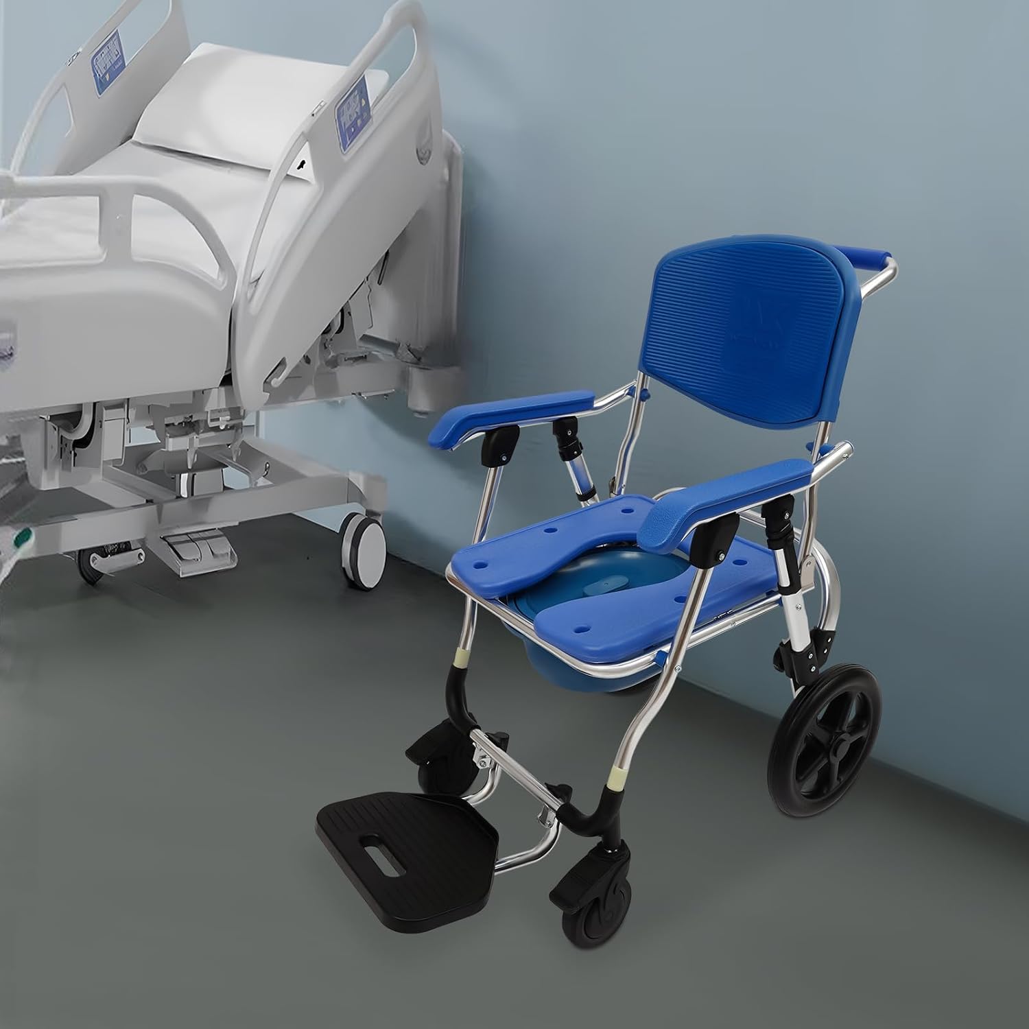 Adjustable Shower Commode Wheelchair, 275lbs Capacity Aluminum Shower Chair, Padded Seat & Commode Opening - Portable Bathroom Wheelchair for Adults, Elderly, Patient Home Care