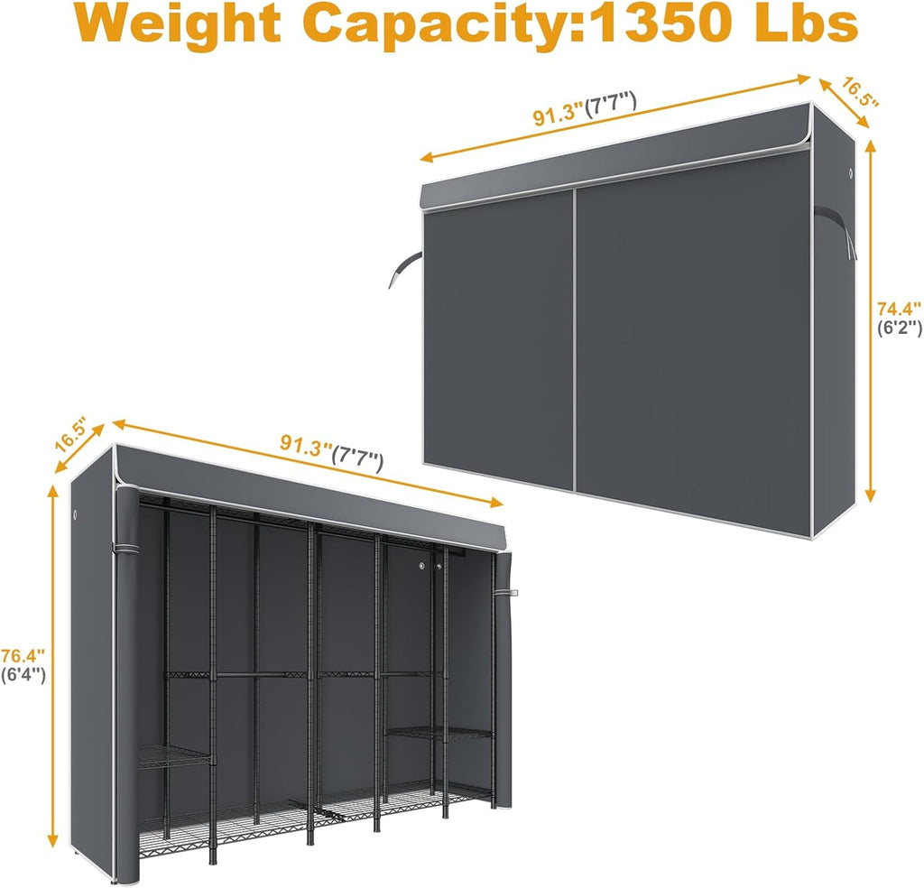 ULIFHOME H50C Extra Large Clothes Rack with Cover, Freestanding Portable Closet, Covered Clothing Racks for Hanging Clothes, Heavy Duty Garment Rack, Wardrobe Closet with Gray Cover Max Load 1350 Lbs