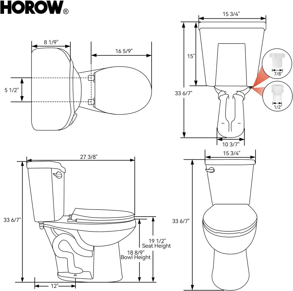 HOROW 19 Inch Tall Toilets, Extra High Toilets with Comfortable Chair Height Seat, 1.28 GPF Single Flush Two-Piece Toilet, 12' Rough In Round Bowl for Seniors, Pregnant, Disabled & Tall Person, White