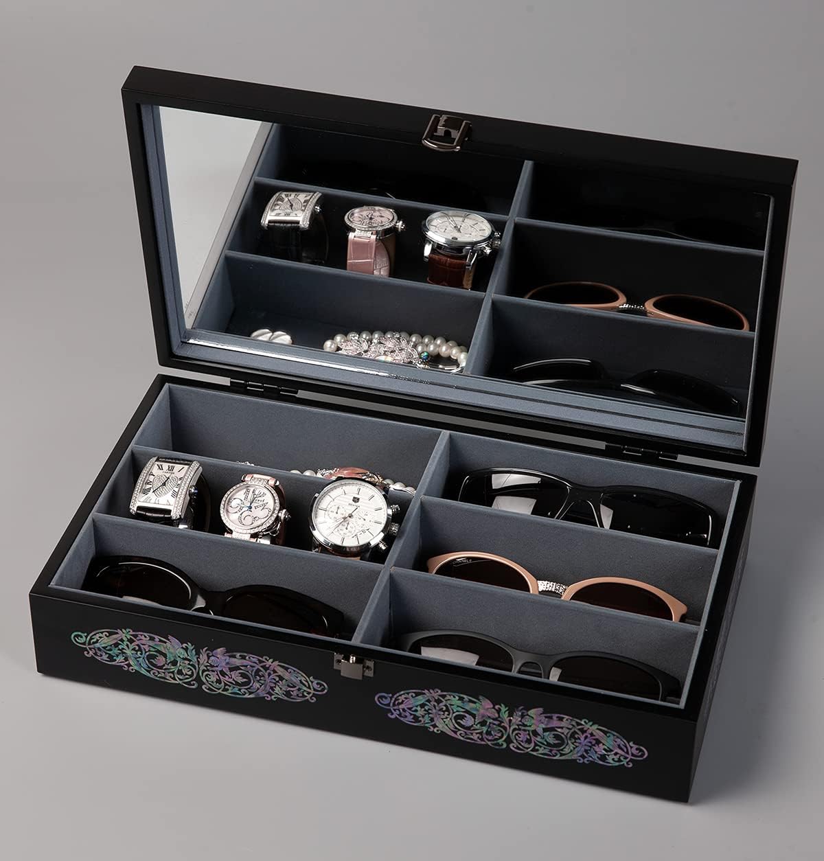 Antique Alive Mother of Pearl Wood Sunglasses Box Eyeglasses Valet Display Storage Case for Glasses, Watches, Jewelry, Trinkets Wooden Accessory Organizer Gift (Archangel Black)
