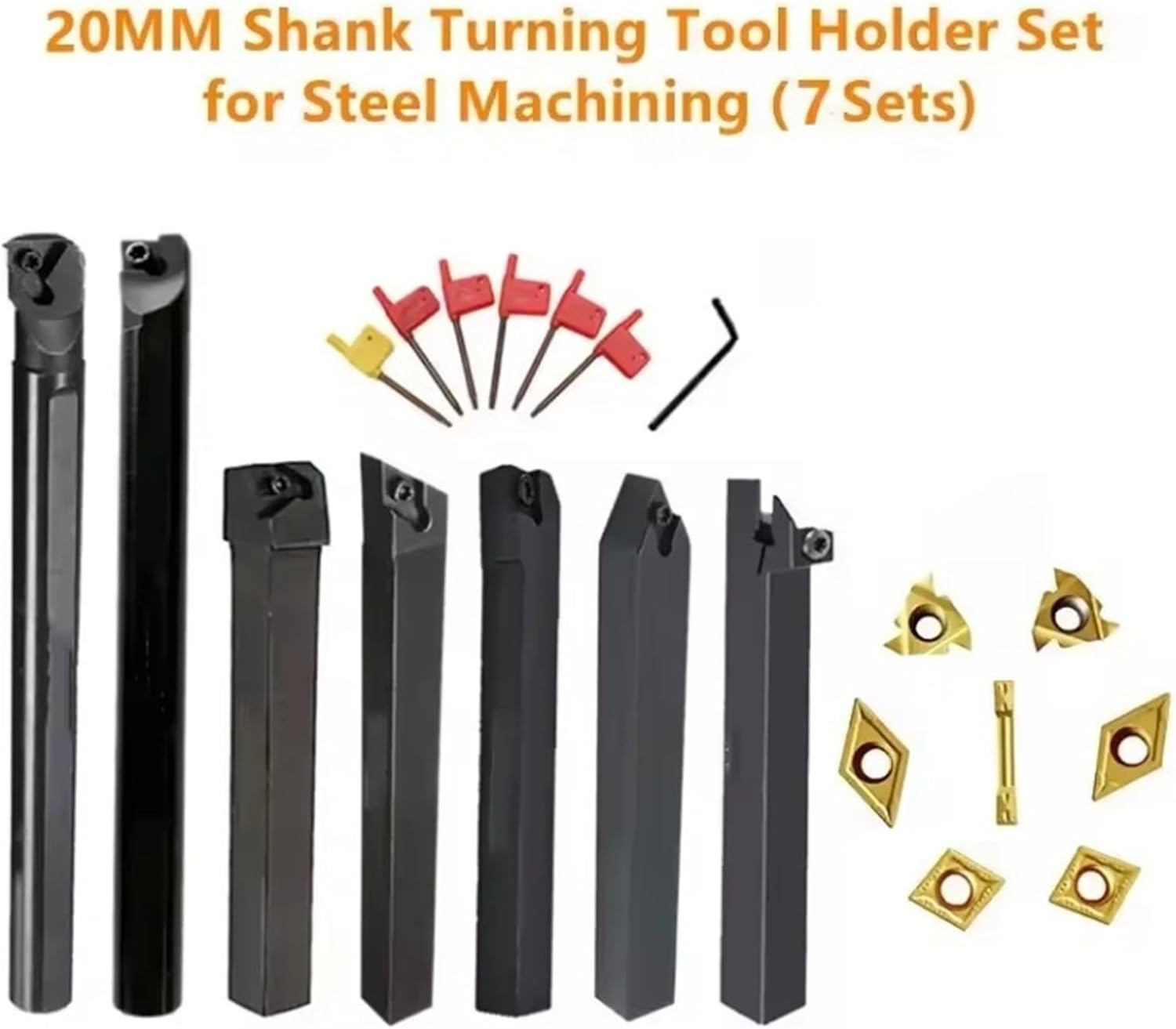 Turning Tool Set 7pcs/Set 20MM CNC Lathe Turning Tool set，Boring Bar and Inserts and Wrenches，for Turning Threading(20mm for Steel)