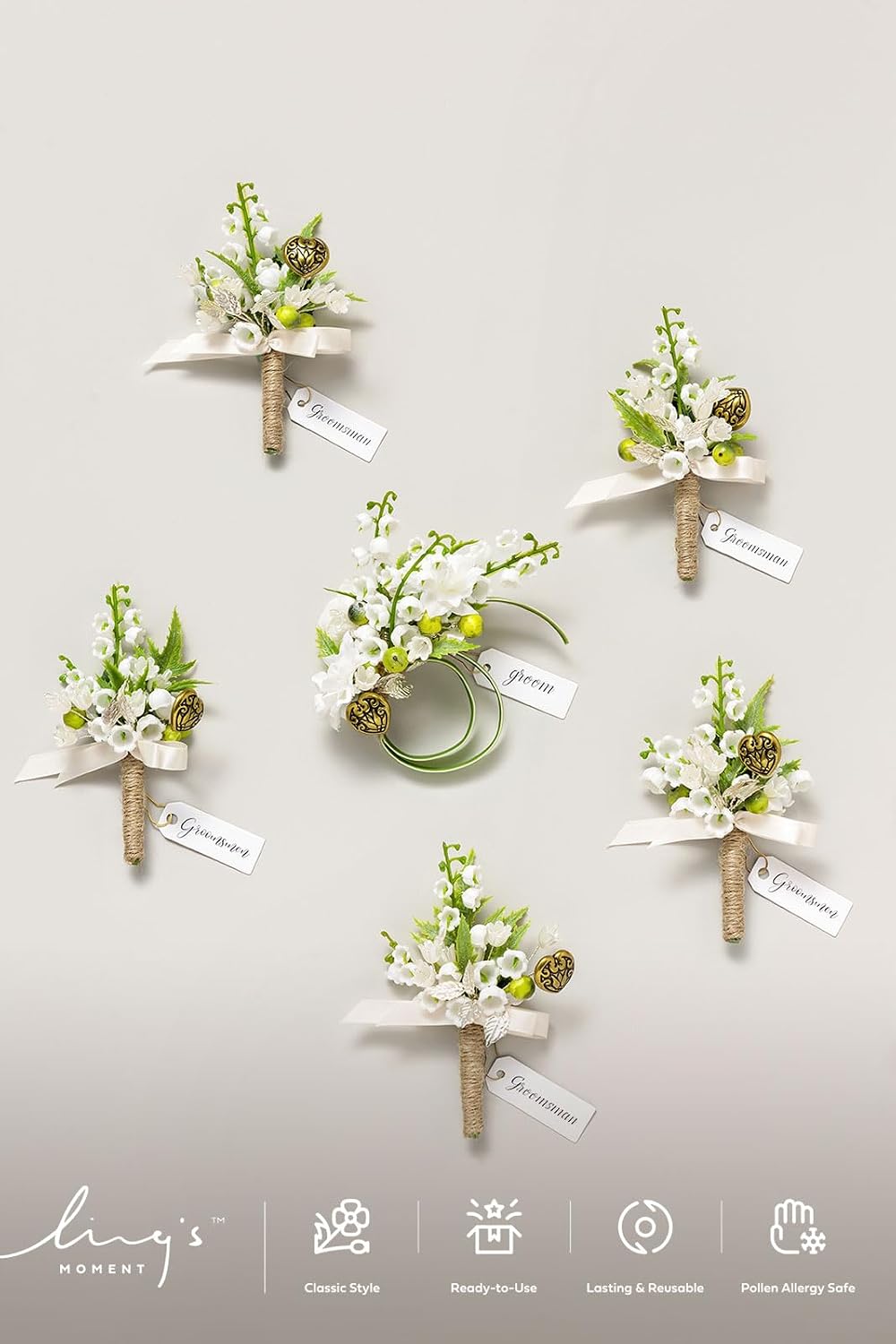 Ling's moment Wedding Artificial Flowers Package, Bridal Bouquet, Bridesmaid Bouquets, Boutonniere for Men, Rose Petals.Lily Valley White