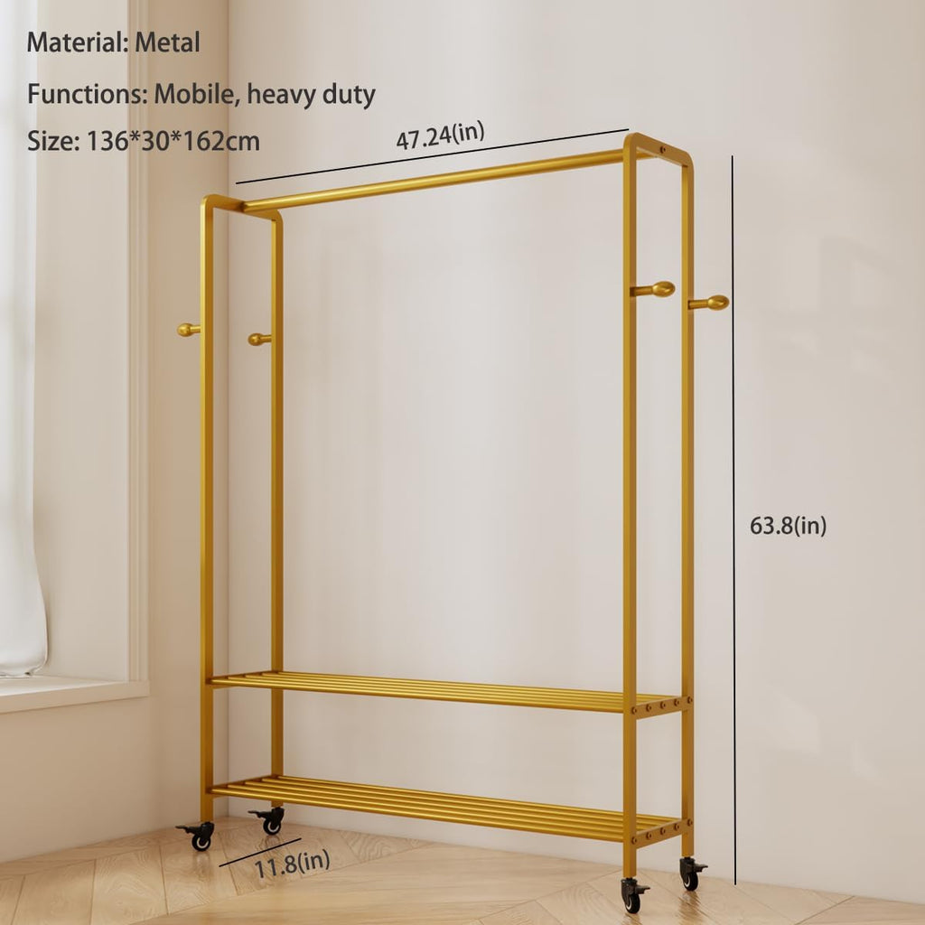 Gold Rolling Garment Rack with Shelves and Hooks,Freestanding Modern Clothing Rack with Wheels,Large Clothes Hanging Rack for Bedroom,Closet,Entryway,Wardrobe,Boutique Display