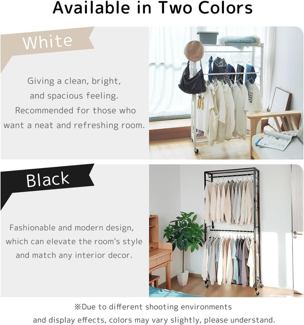 lumizone Folding Clothing Rack with Wheels Expandable Wardrobe Portable Clothes Rack for Hanging Clothes Adjustable Closet Shelves Garment Rack Durable Closet Racks for Hanging Clothes (Pro White)
