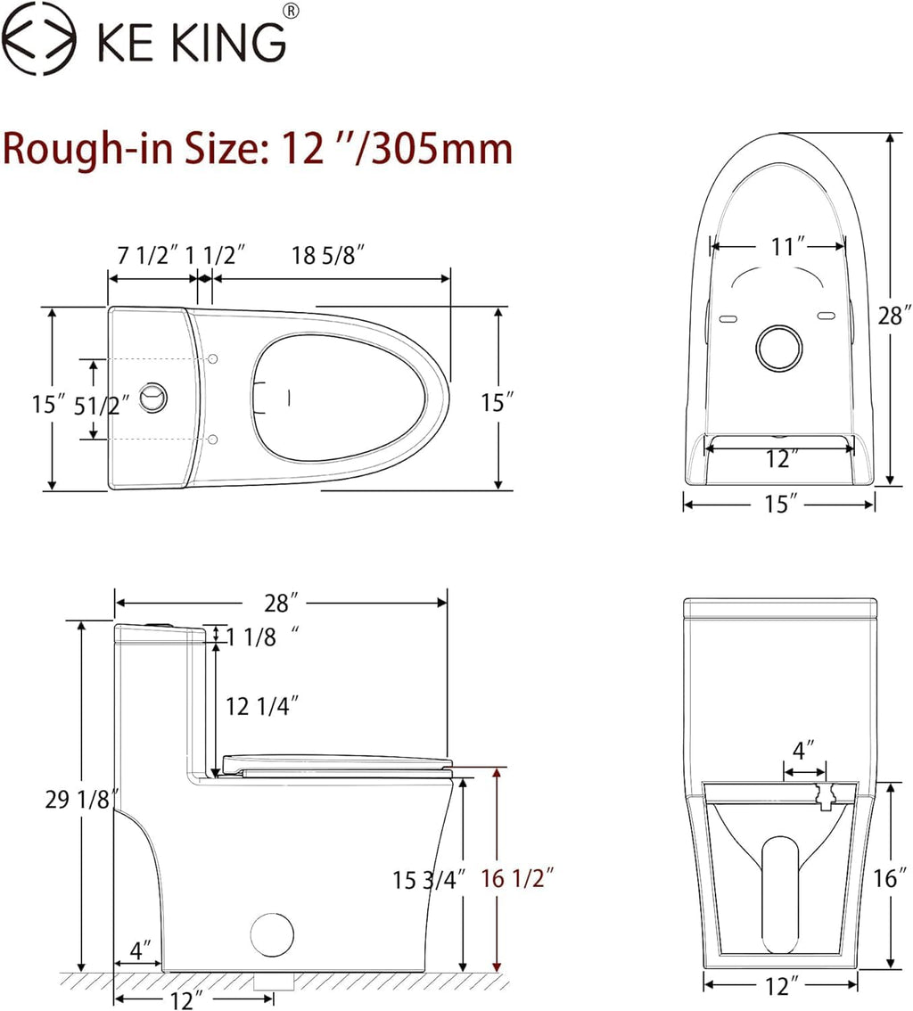 Elongated One-Piece Toilet, Full Skirt & Sleek Design, Dual Powerful Flush Toilet 0.8/1.28 GPF and MAP 1000g, Comfort Height Toilet, White, 12'' Rough-in