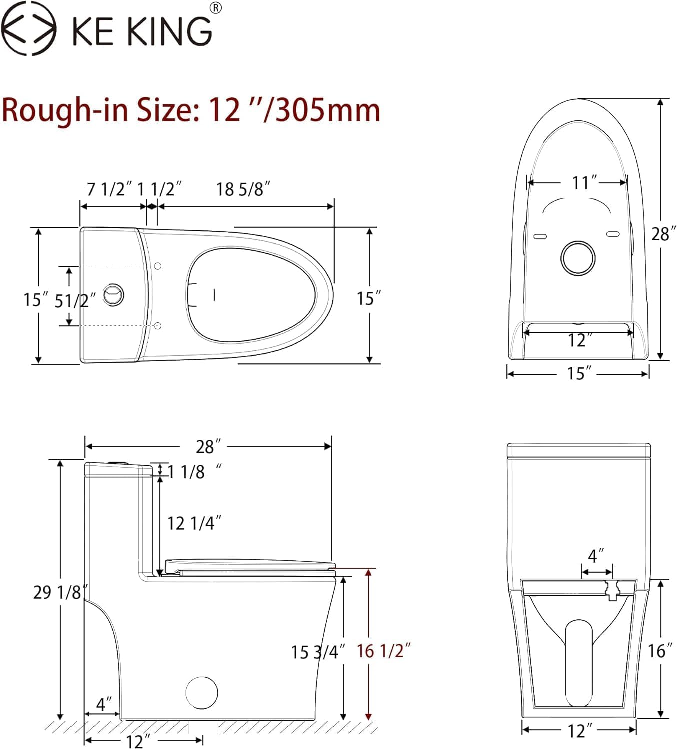 Elongated One-Piece Toilet, Full Skirt & Sleek Design, Dual Powerful Flush Toilet 0.8/1.28 GPF and MAP 1000g, Comfort Height Toilet, White, 12'' Rough-in