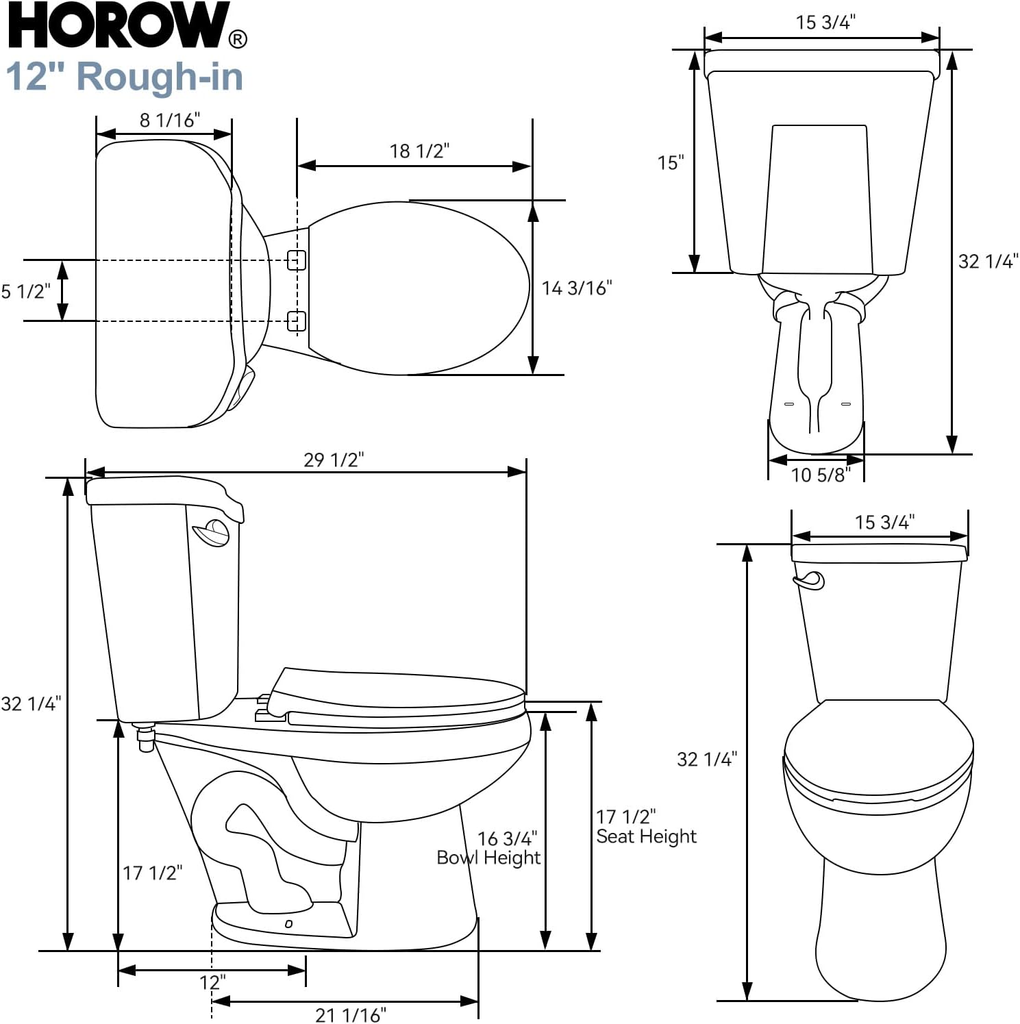 HOROW 17 Inch High Elongated Toilet with ADA Chair Height, Two Piece Toilet with Powerful 1.28 GPF Single Flush, MAP 1000g, Extra Tall Bowl Suitable for Tall Person & Seniors