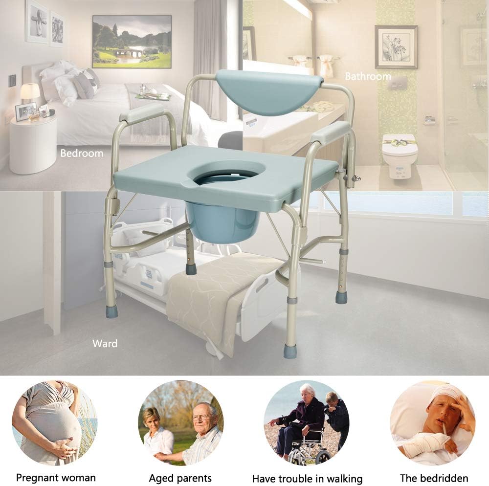 Heavy Duty 550 lbs Medical Bedside Commode Chair, Adjustable Height Toilet Seat with Steel Frame, Tool-Free Assembly, 6 Quart Capacity Pail, Homecare Safety, Blue Grey