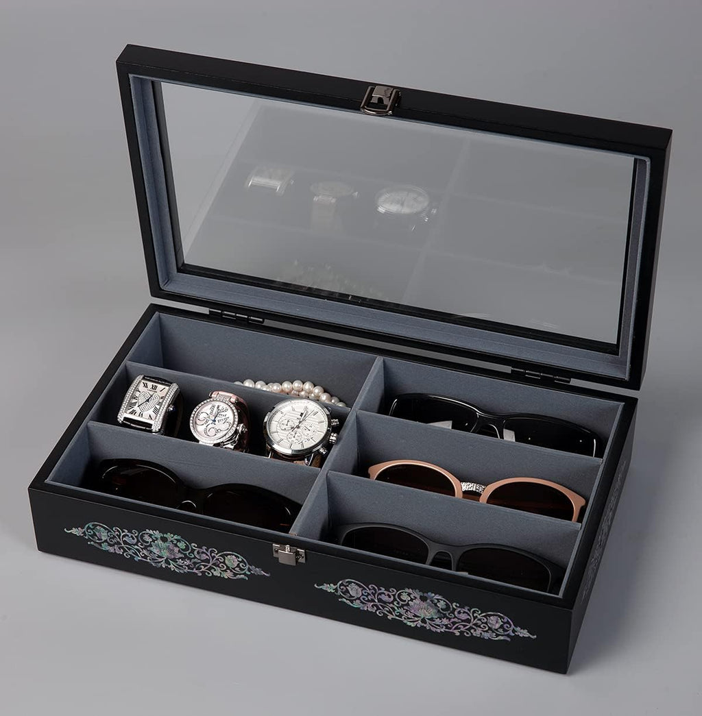 Mother of Pearl Wood Sunglasses Box Eyeglasses Valet Display Storage Case for Glasses, Watches, Jewelry, Trinkets Wooden Accessory Organizer Gift (Arabesque Black)