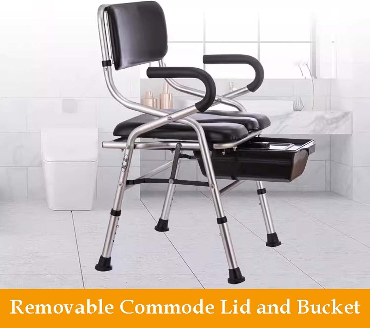 Commode Chair for Seniors, Folding Steel Bedside Commode Chair, Height Adjustable Toilet Shower Chair with Removable Bucket, Easy No Tool Assembly, Bedside Commodes Black