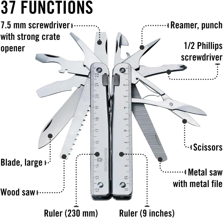 Victorinox Swiss Tool X Plus Ratchet Swiss Army Knife, 35 Function Swiss Made Multi-Tool with Needle-nose pliers, Wire Cutter, Crate Opener and Large Blade - Silver