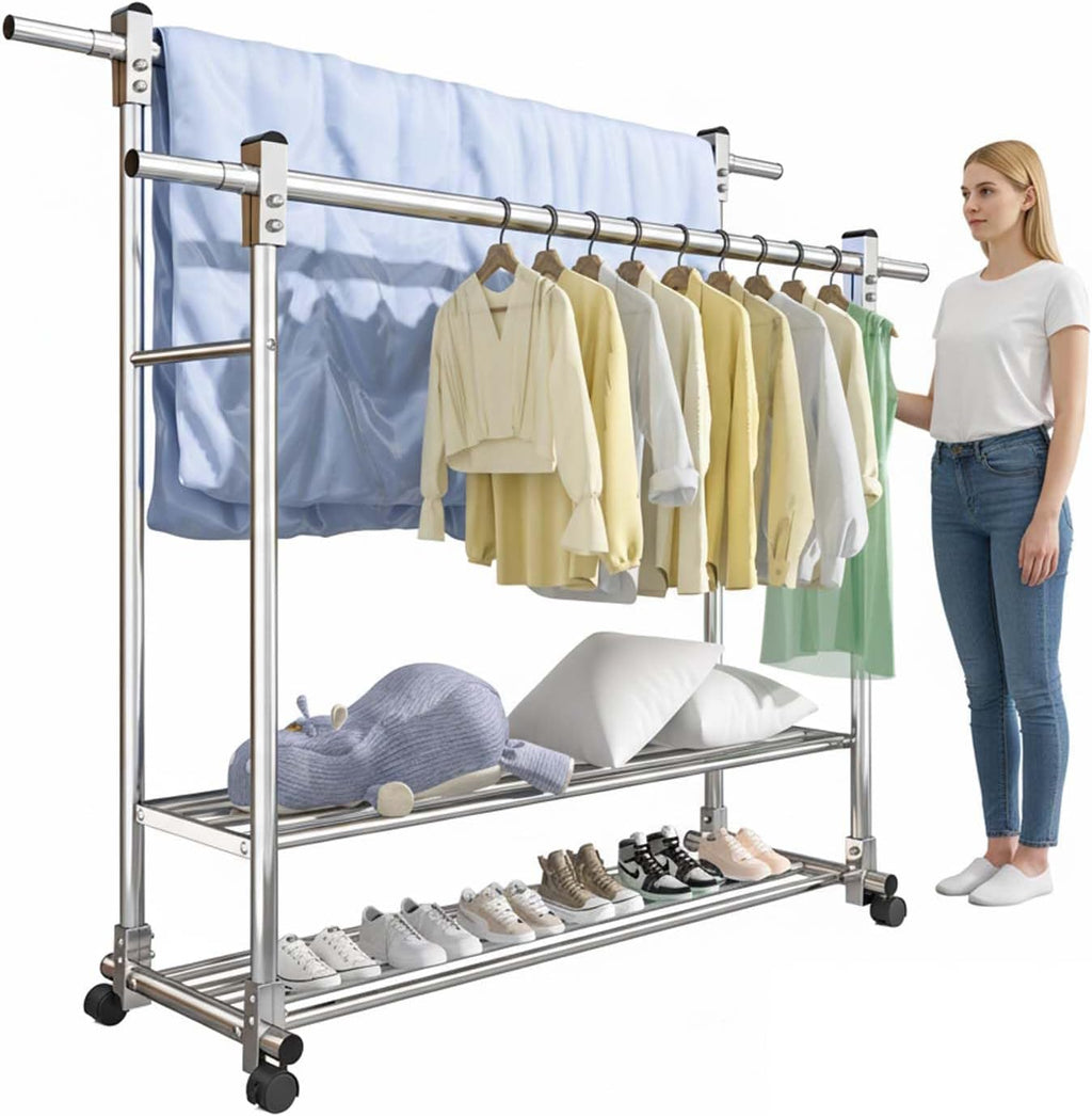 YSUEFIJO Stainless Steel Clothes Drying Rack with Wheels, Double Rods Extendable Laundry Hanger, Mobile Telescopic Garment Rack, Indoor Outdoor Folding Laundry Stand