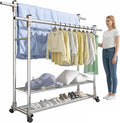 YSUEFIJO Stainless Steel Clothes Drying Rack with Wheels, Double Rods Extendable Laundry Hanger, Mobile Telescopic Garment Rack, Indoor Outdoor Folding Laundry Stand