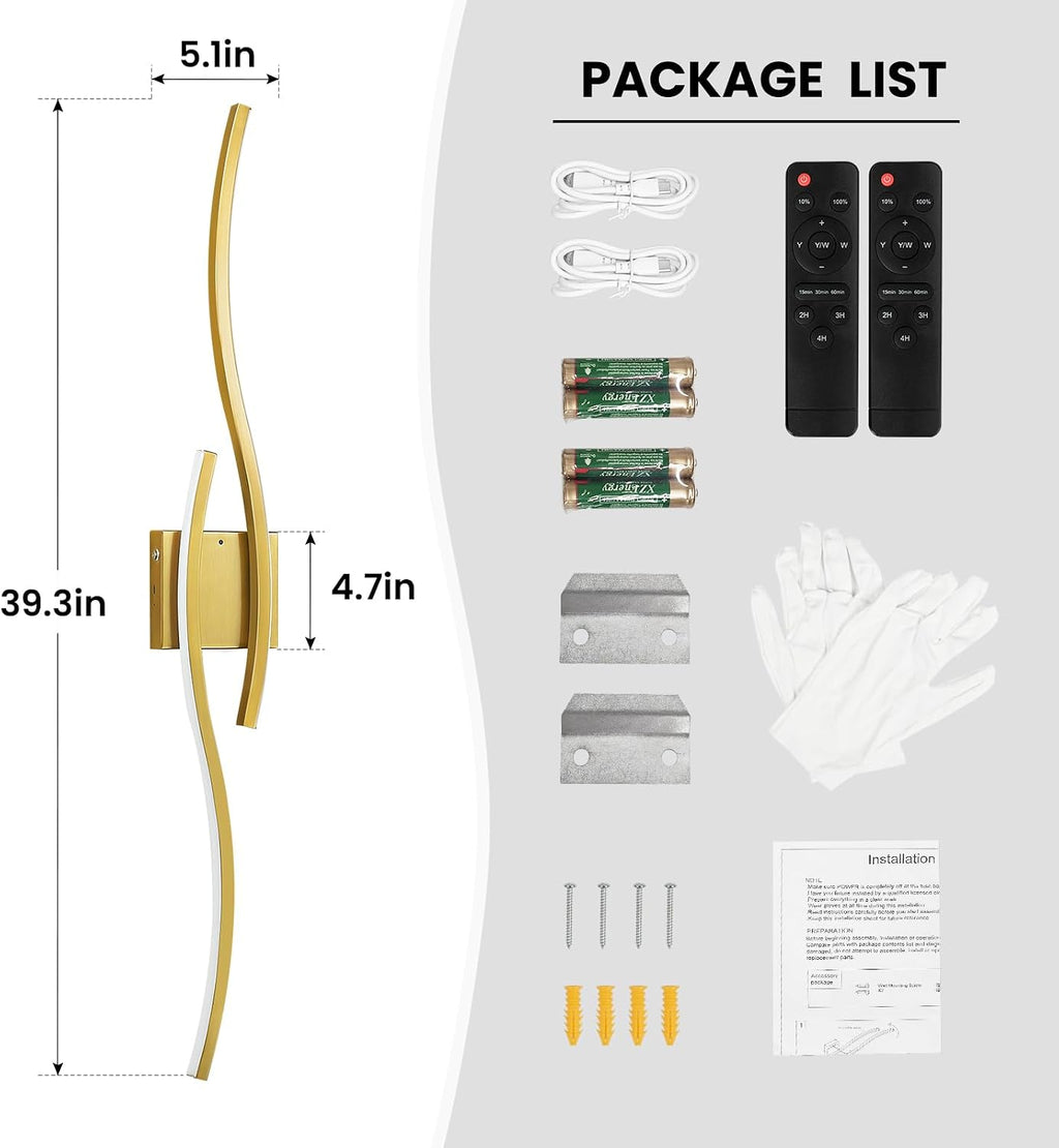 Gold Battery Operated Wall Sconces: 39.3 Inch Rechargeable Wall Sconce Set of 2 with Remote Control/3 Colors/10-100% Dimming/Timer Modern LED Wall Light for Bedroom Living Room Hallway Bathroom, 2 Pcs