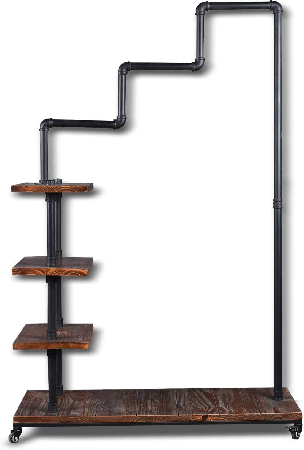 Industrial Pipe Clothing Rack 4 Layers Pine Wood Shelving Shoes Rack With Wheels Cloth Hanger Household Shoe Rack Pipe Shelf Garment Racks