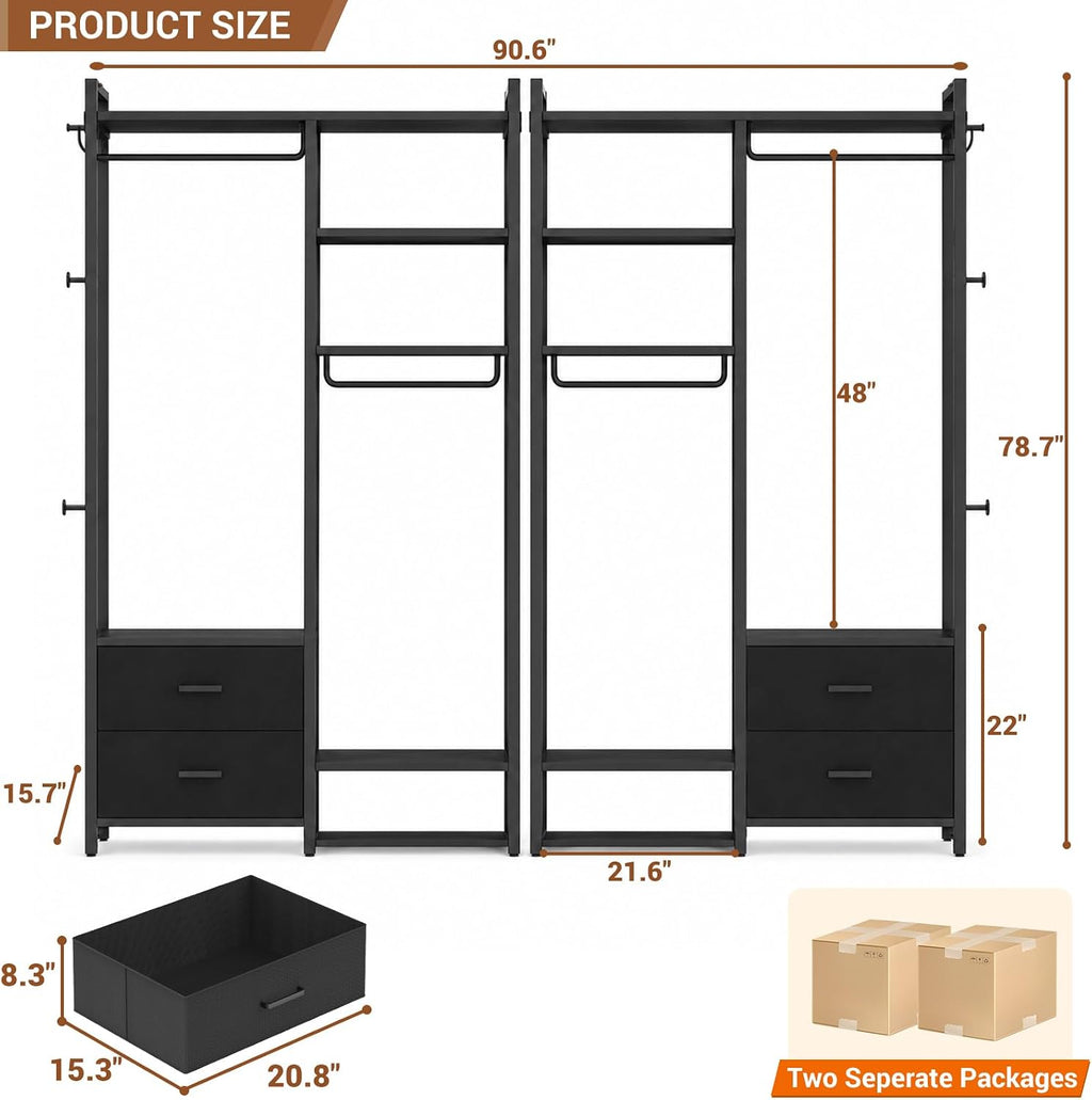 Besiost 78.7'' Clothes Rack for Hanging Clothes - Reversible Clothing Rack with 4 Drawers, Heavy Duty Garment Racks with Shelves, 6 Tiers Freestanding Portable Closet Wardrobe System, Set of 2 Black