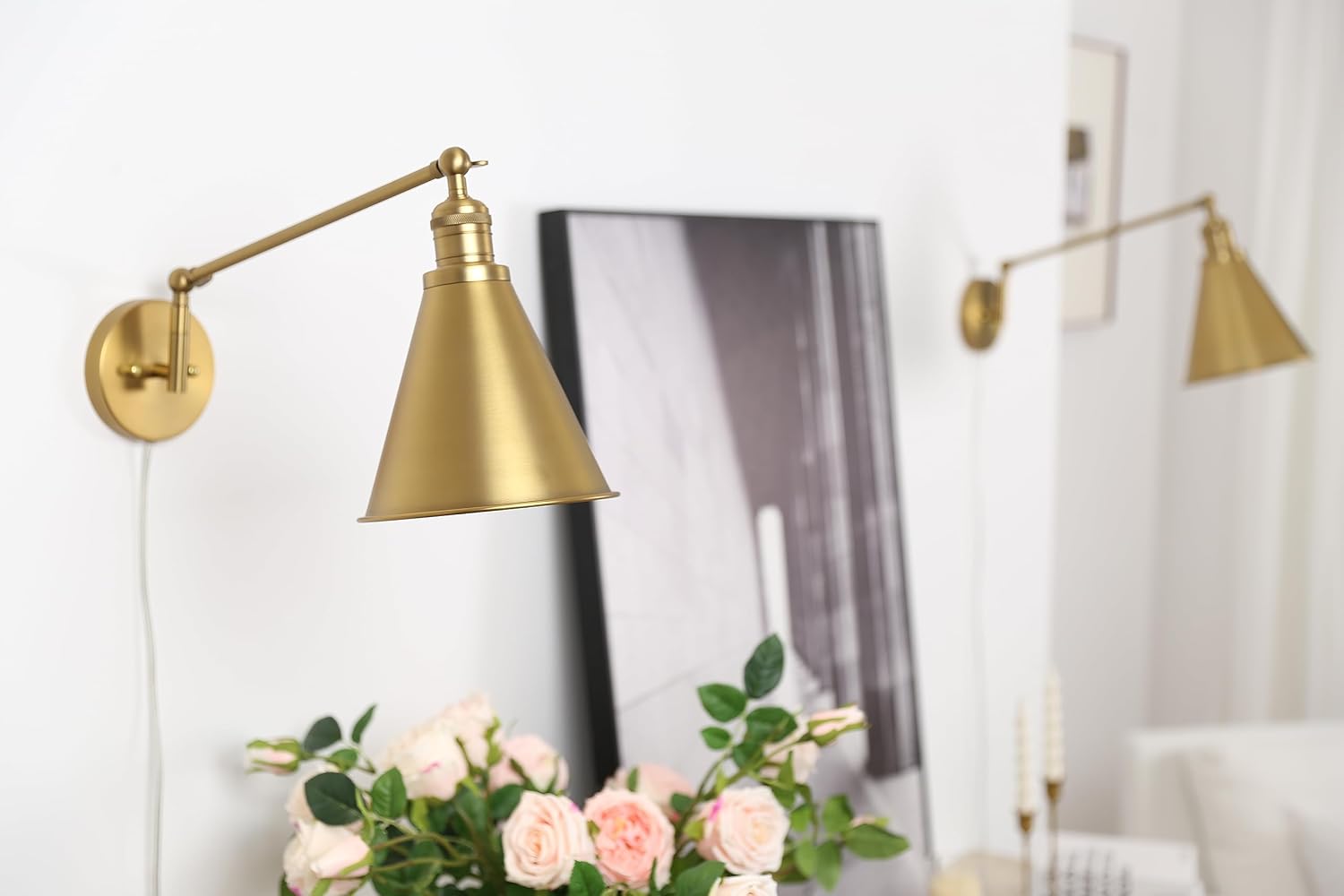 PERMO Wall Sconce Set of 2 Plug in Metal Wall Sconces Swing Arm Wall Light with Flared Metal Shade for Bedside Bedroom (Antique Gold)