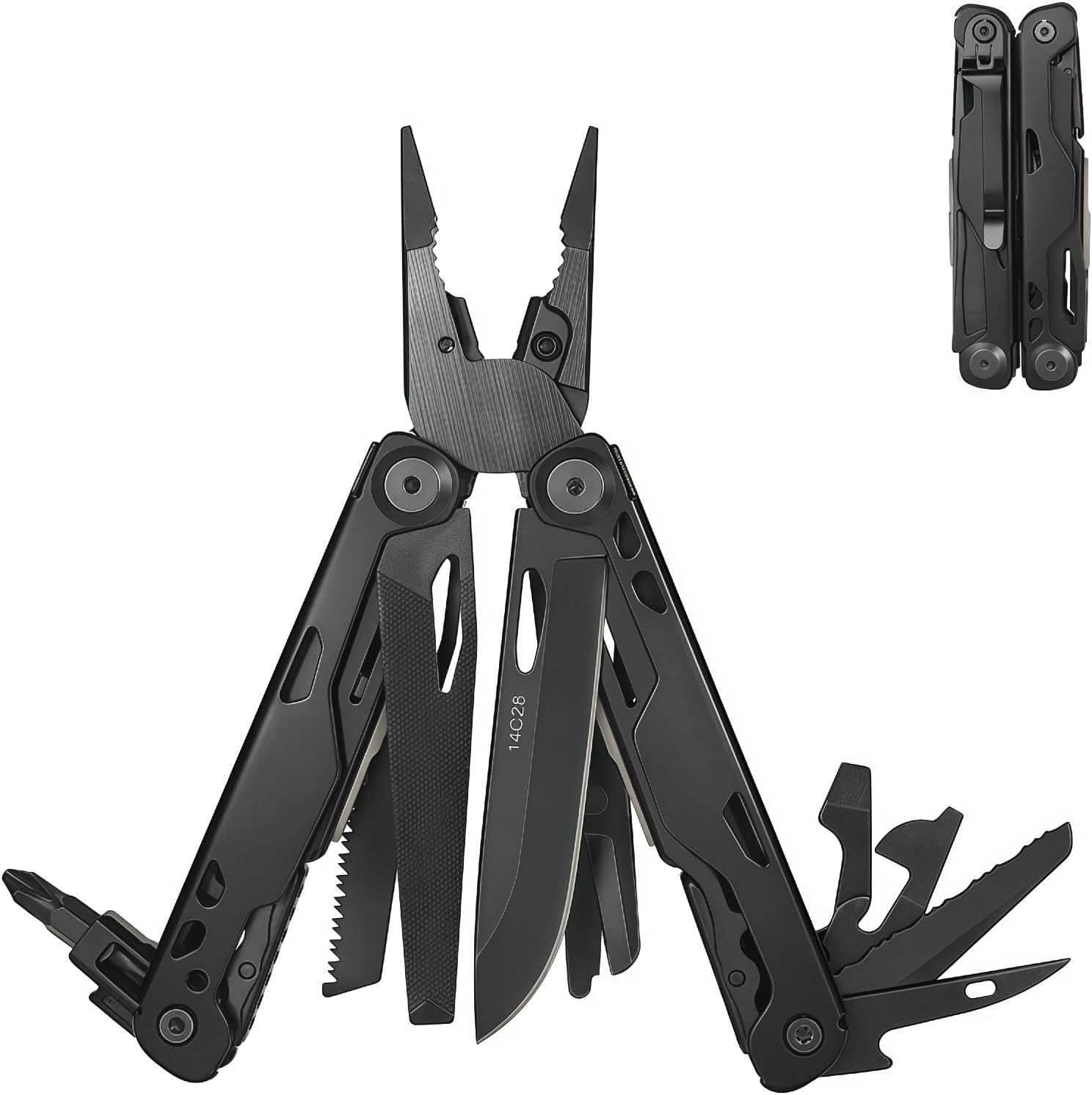 Multitool, 20-in-1 Full-Size, Lightweight EDC, Multi-Purpose Pliers, Pocket Knife, Tactical Gear, Nylon Bag, Tools, Gifts for Guys, Equipment for Emergencies, Hiking, and Outdoor Camping (Black)