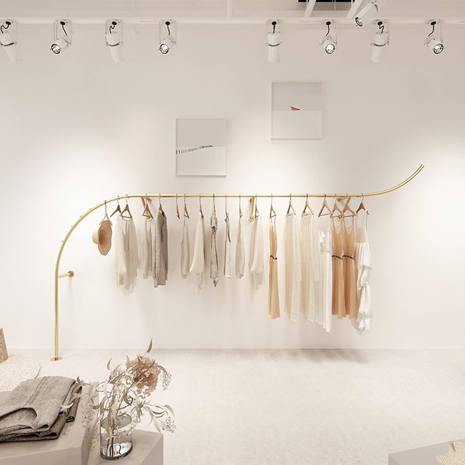 2 Pcs Clothing Store Display Stands Garment Rack, Wall Mounted Storage Clothes Shoe Bag Pipe Shelf, Retail Clothes Hanger Entrance Porch Organization Hanging Rod, Gold Closet Organizer Towel Rack