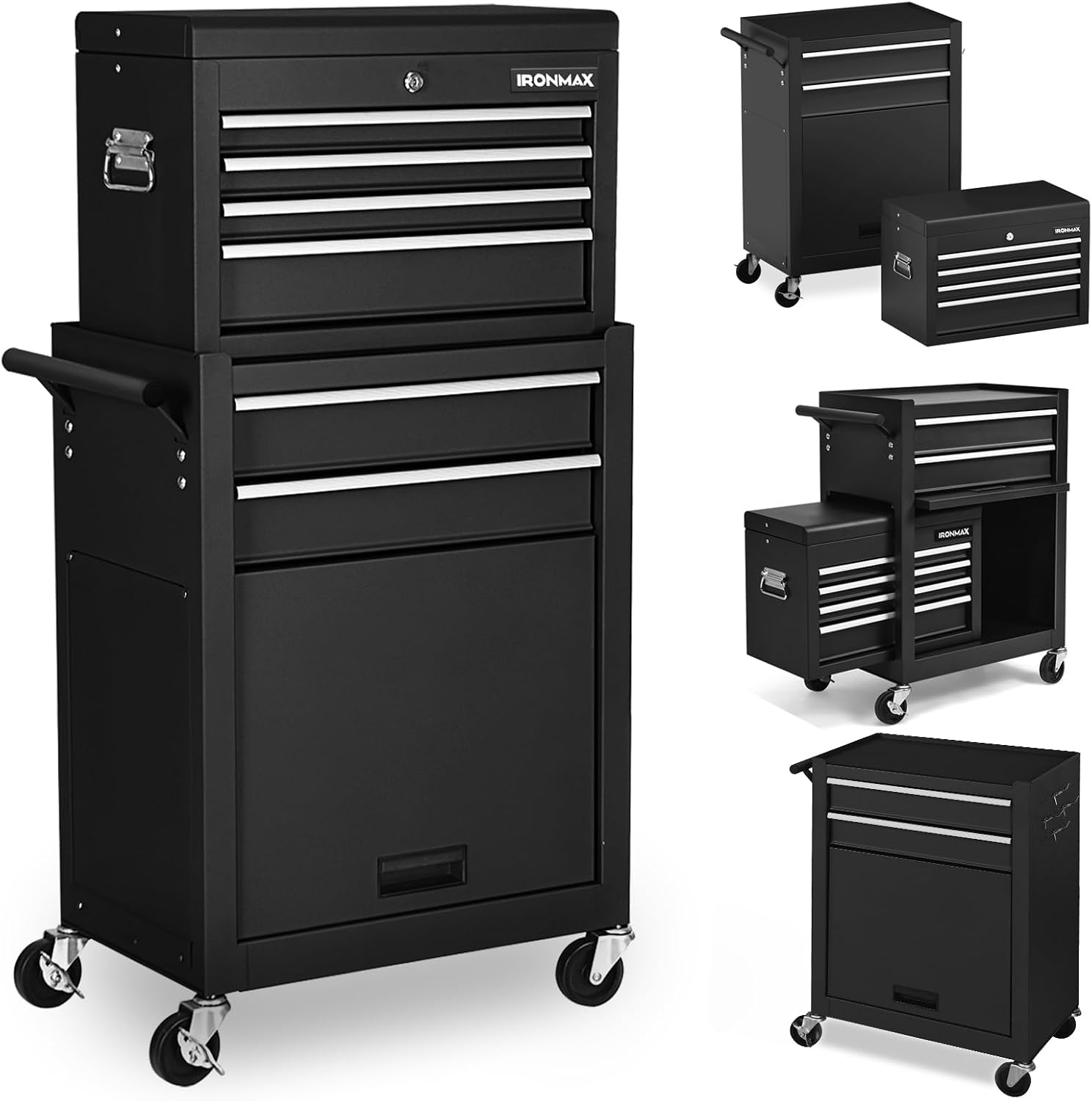 IRONMAX Rolling Tool Chest, 6-Drawer Lockable Tool Cabinet w/ 4 Universal Wheels, 2 in 1 Detachable Tool Box Storage Organizer for Garage Workshop Repair Shop (6-Drawer, Black)