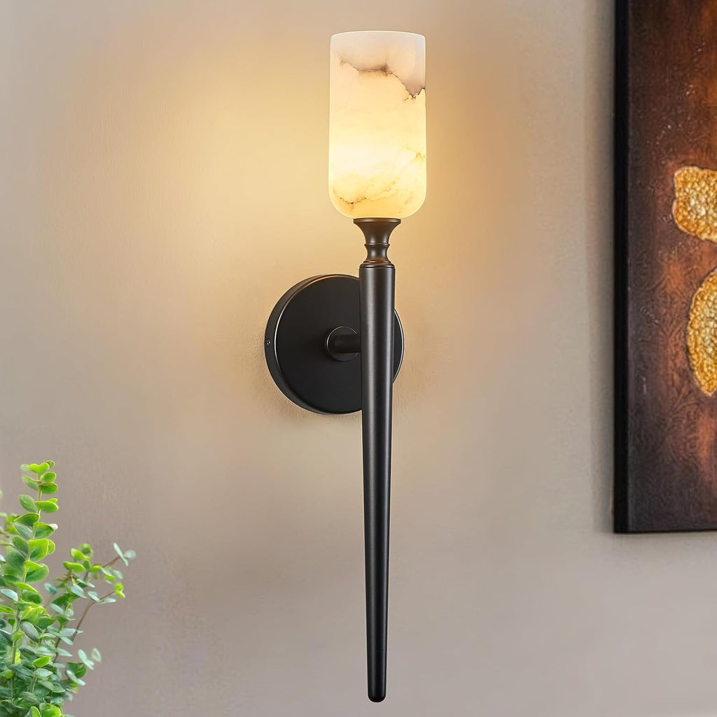 LMQNINE Natural Alabaster Wall Sconce Modern Black Wall Light Bathroom Sconce Wall Decor Antique Marble Sconces Wall Lighting for Bedroom Living Room Entryway Hallway Staircase