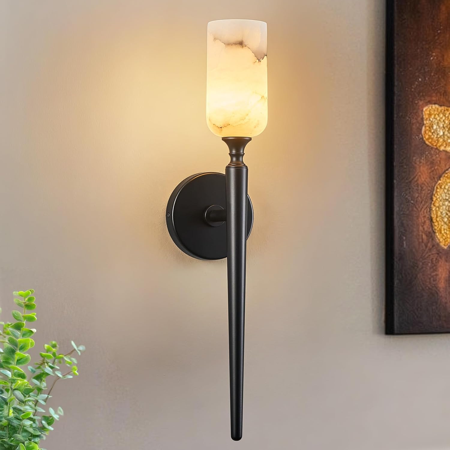 LMQNINE Natural Alabaster Wall Sconce Modern Black Wall Light Bathroom Sconce Wall Decor Antique Marble Sconces Wall Lighting for Bedroom Living Room Entryway Hallway Staircase