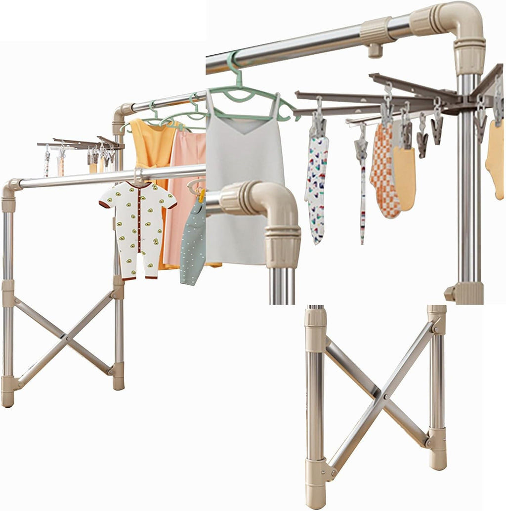 Clothes Drying Rack, Foldable Standing Garment Dryer, Collapsible Movable Laundry Airer with 4-Wheels, with Sock Rack, Clothes Drying Rail Stainless Steel, Garment Laundry Rac,Silver,88~160cm