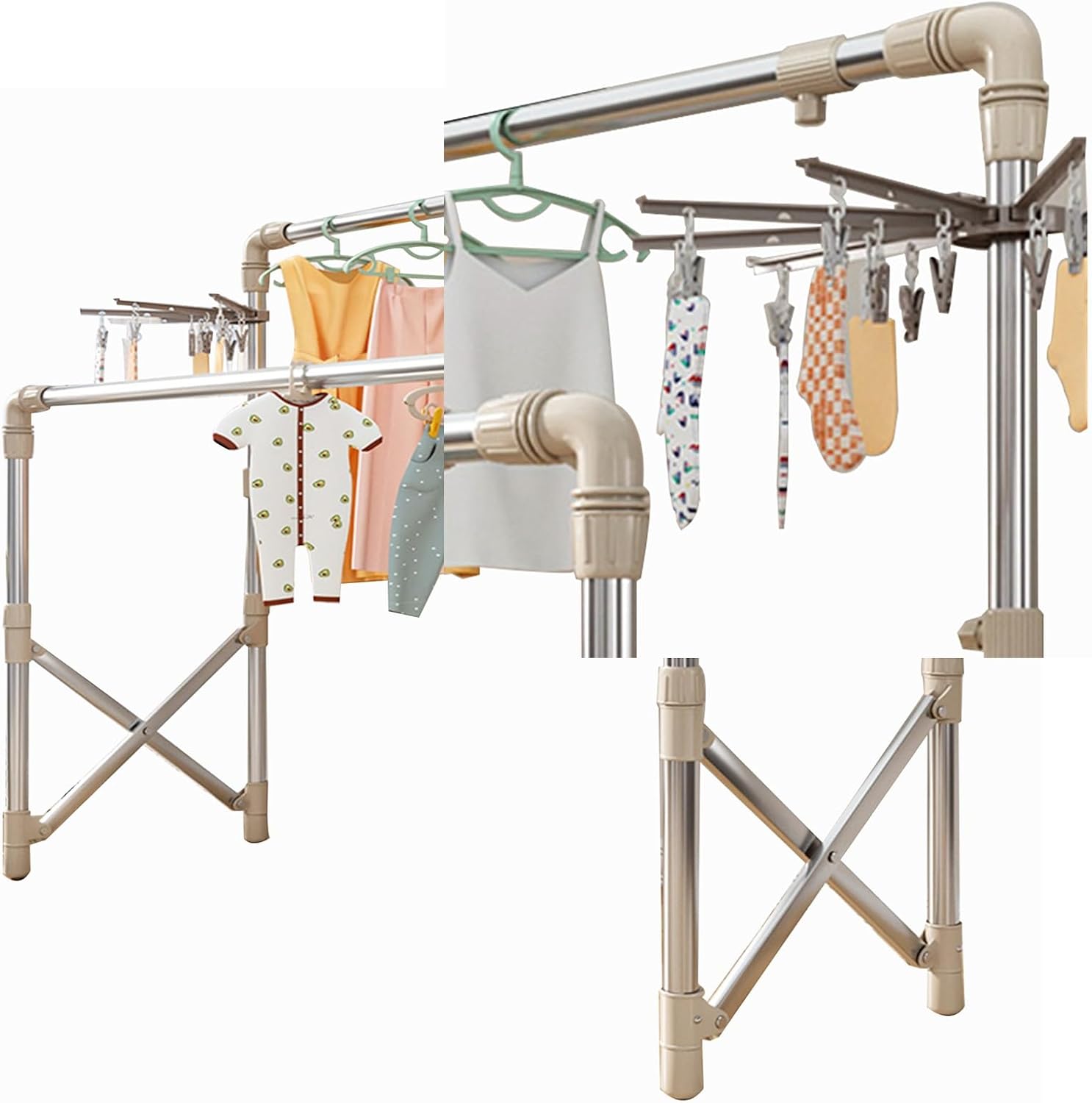 Clothes Drying Rack, Foldable Standing Garment Dryer, Collapsible Movable Laundry Airer with 4-Wheels, with Sock Rack, Clothes Drying Rail Stainless Steel, Garment Laundry Rac,Silver,88~160cm