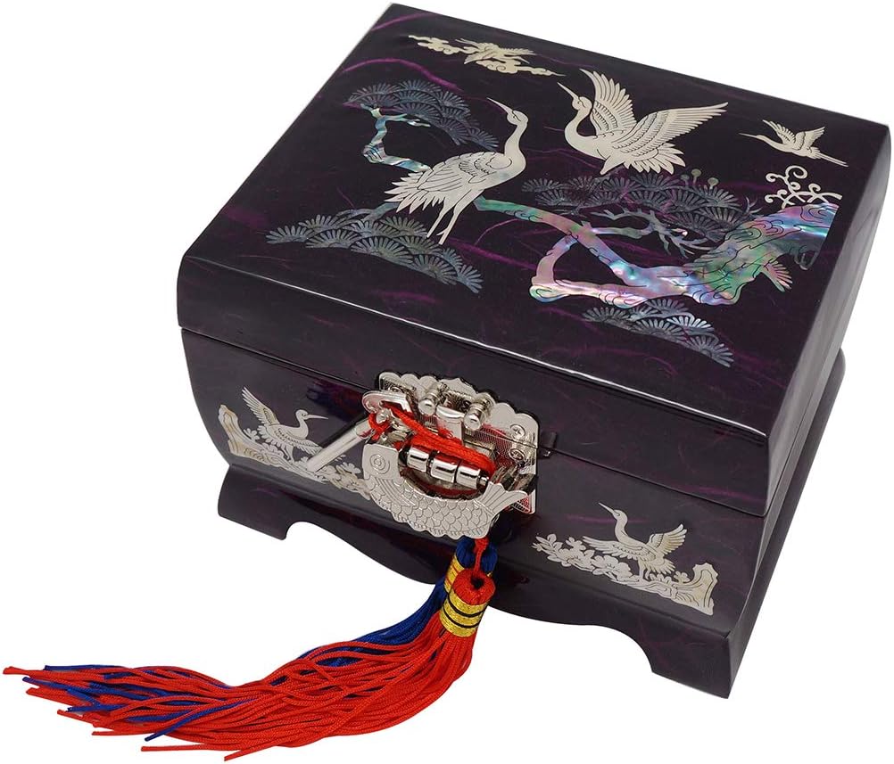 Mother of Pearl Music Bird Design Purple Wooden Women Jewelry Mirror Trinket Keepsake Treasure Gift Musical Asian Lacquer Watch Ring Box Case Chest Organizer with Crane and Pine Tree