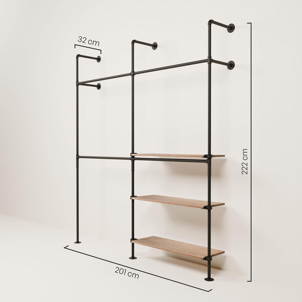 pamo Industrial Pipe Clothing Rack with Shelf – Wall Mounted Closet System, Black Powder-Coated Steel, Oak Boards – Walk-In Closet Organizer & Retail Clothing Rack