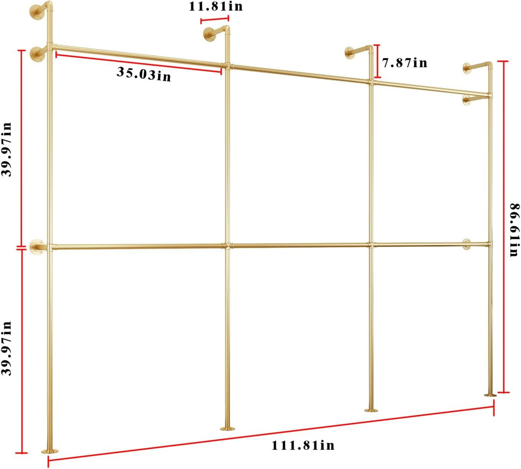 Industrial Pipe Clothing Rack, Heavy Duty Metal Clothes Rack with Double Rods for Hanging Clothes, Wall Mount Space-Saving Garment Display Rack (Three, Gold)