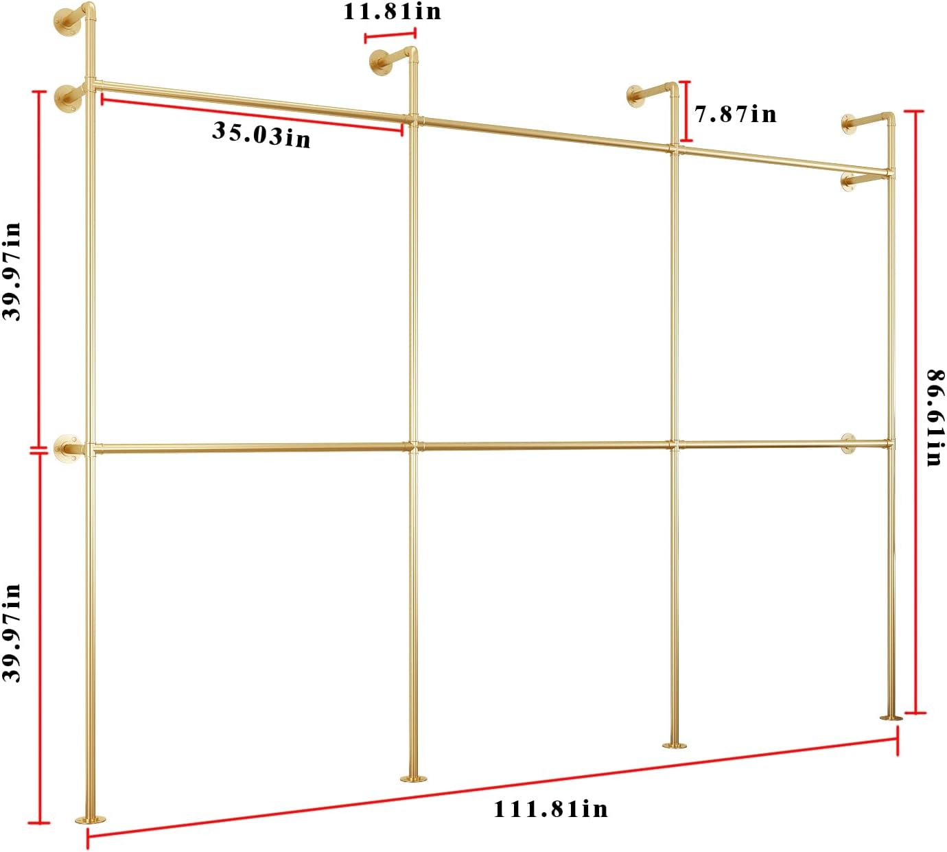 Industrial Pipe Clothing Rack, Heavy Duty Metal Clothes Rack with Double Rods for Hanging Clothes, Wall Mount Space-Saving Garment Display Rack (Three, Gold)