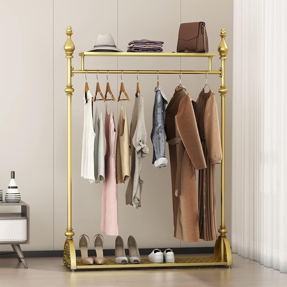 Clothing Rack Gold, Freestanding Heavy-Duty Garment Rack with Double Storage Shelves, Mobile Metal Coat Rack & Shoe Organizer for Bedroom Entryway Closet