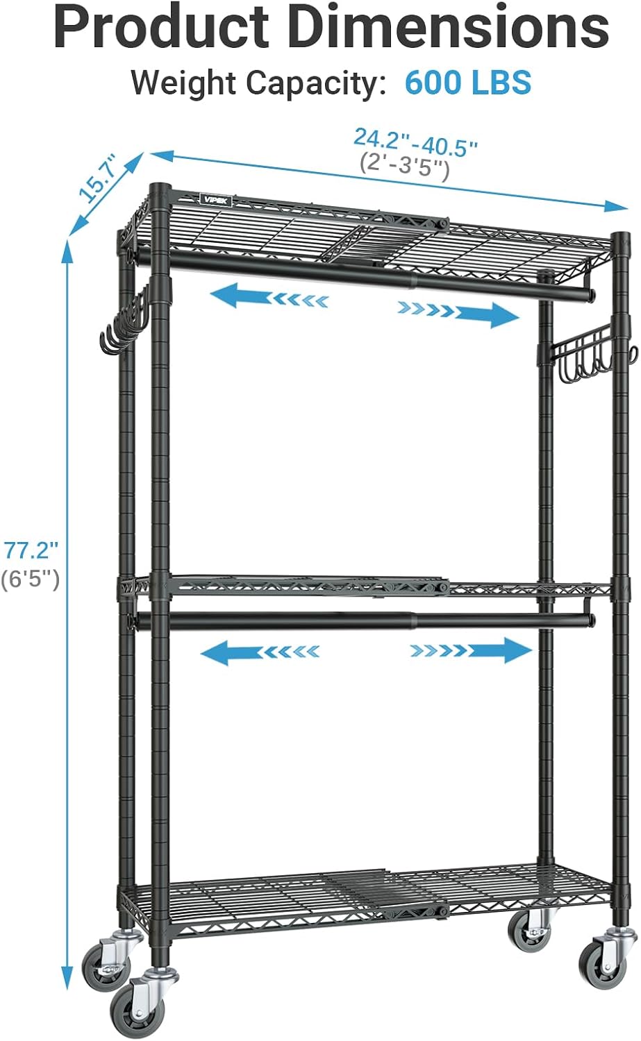 VIPEK R2X Expandable Portable Closet with Lockable Wheels, 600lbs Capacity Heavy Duty Rolling Clothes Rack w/Adjustable Shelves & Hanger Rod (2' to 3'5'), Metal Clothing Rack for Small Spaces (Black)