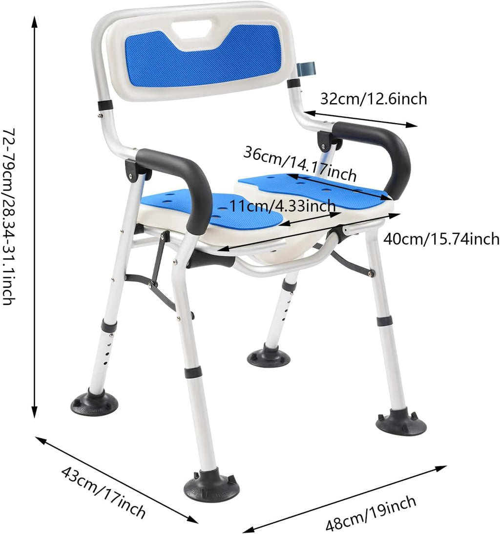 Folding Bedside Commode Chair -Toilet Seat Riser for Seniors Stable Portable U-Shape Seat - Shower Chair for Private Washing, Adjustable Height Chair - Supports Up to 330 Lb (Blue)