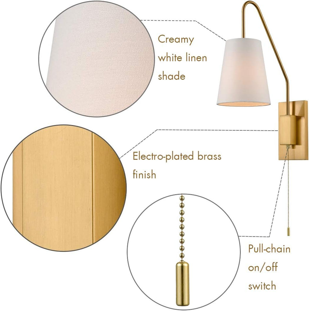 Modern Brass Plug-in Wall Sconces Set of Two Fabric Shade Bedroom Wall Lamp with Pull Chain Switch