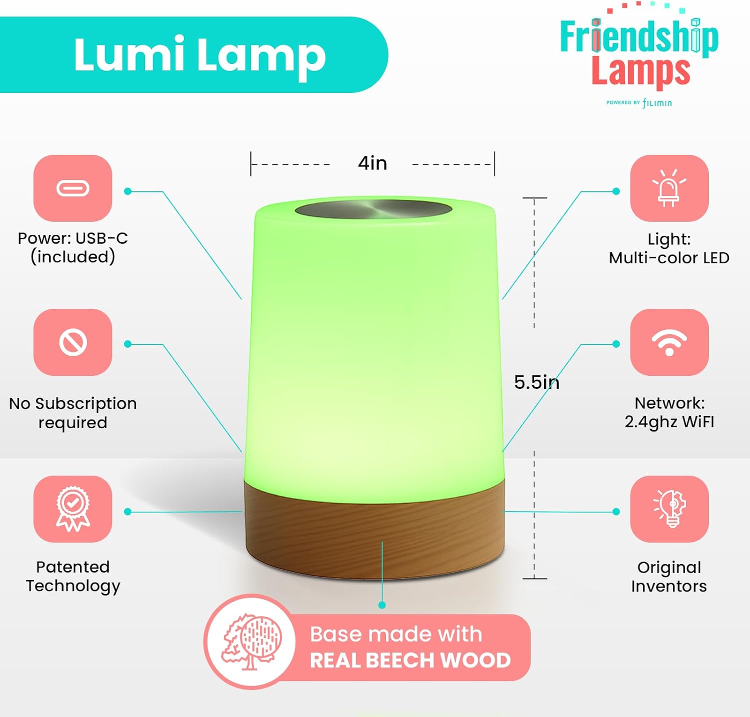 Friendship Lamp Lumi by Filimin - Best Friend WiFi Touch Lamp Real Beech Wood LED Light for Long-Distance Connection, Relationship, Friendship, Gifts, Couples, App Setup, No Subscription - Set of 2