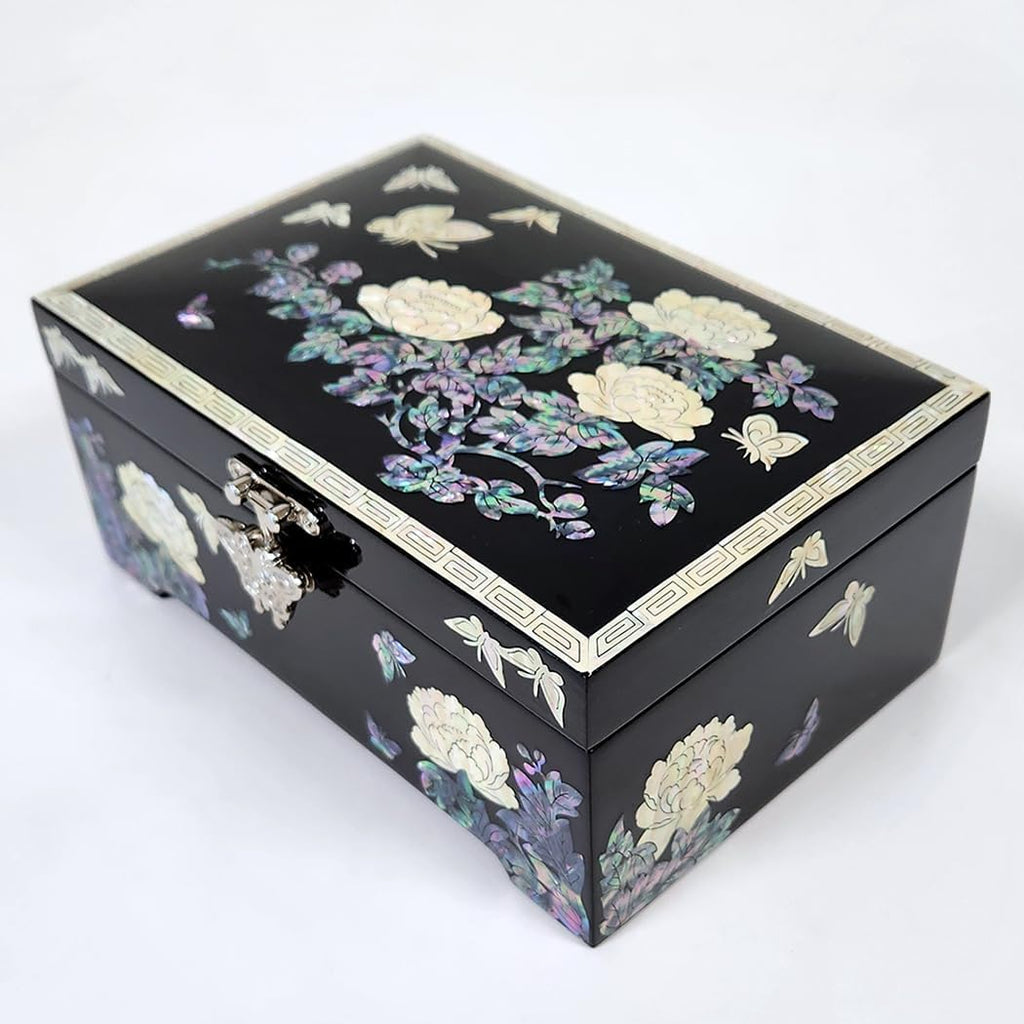 Antique Alive Mother of Pearl Inlay Design Jewelry Box, Wood Jewelry Box, Trinket Case, Keepsake Treasure Chest Box Organizer Holder (Peony Flowers)
