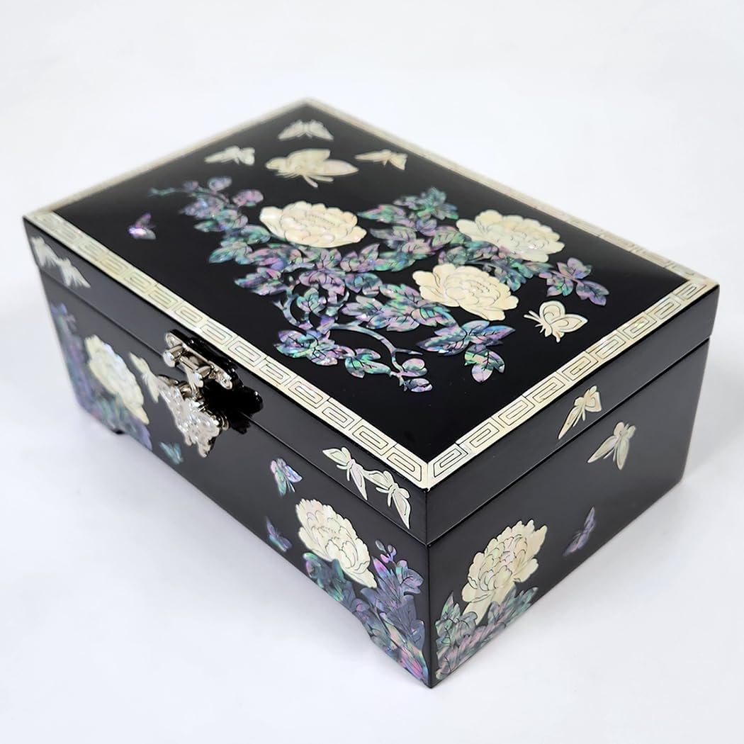 Antique Alive Mother of Pearl Inlay Design Jewelry Box, Wood Jewelry Box, Trinket Case, Keepsake Treasure Chest Box Organizer Holder (Peony Flowers)
