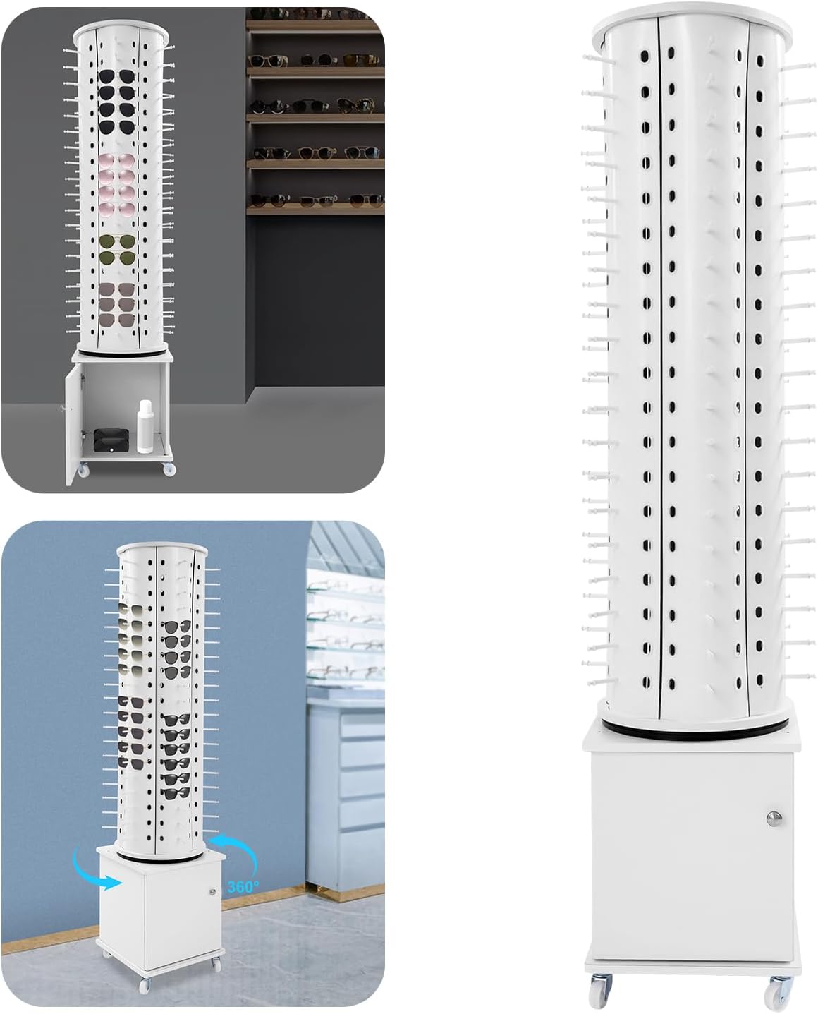 Glasses Display Stand, 114-Pair Eyewear Storage Rack for Sunglasses & Reading Glasses, 360°Swivel Commercial Eyeglass Organizer for Optical Shop, Jewelry Store, Retail Display (White)