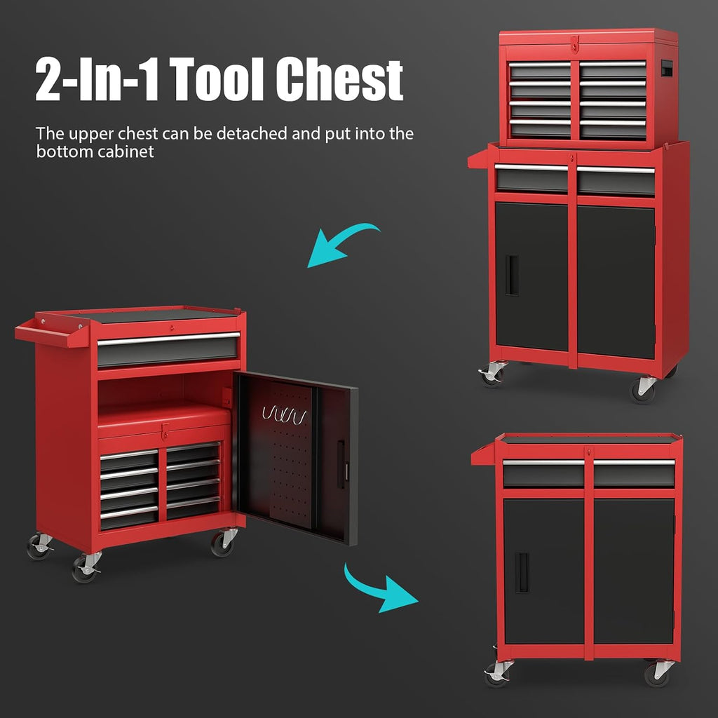 IRONMAX 5-Drawer Rolling Tool Chest, 2-in-1 Detachable Heavy Duty Tool Box Storage Cabinet with Auto Lock, Adjustable Shelf & Hooks, Metal Toolbox on Wheels for Garage Workshop (Black & Red)