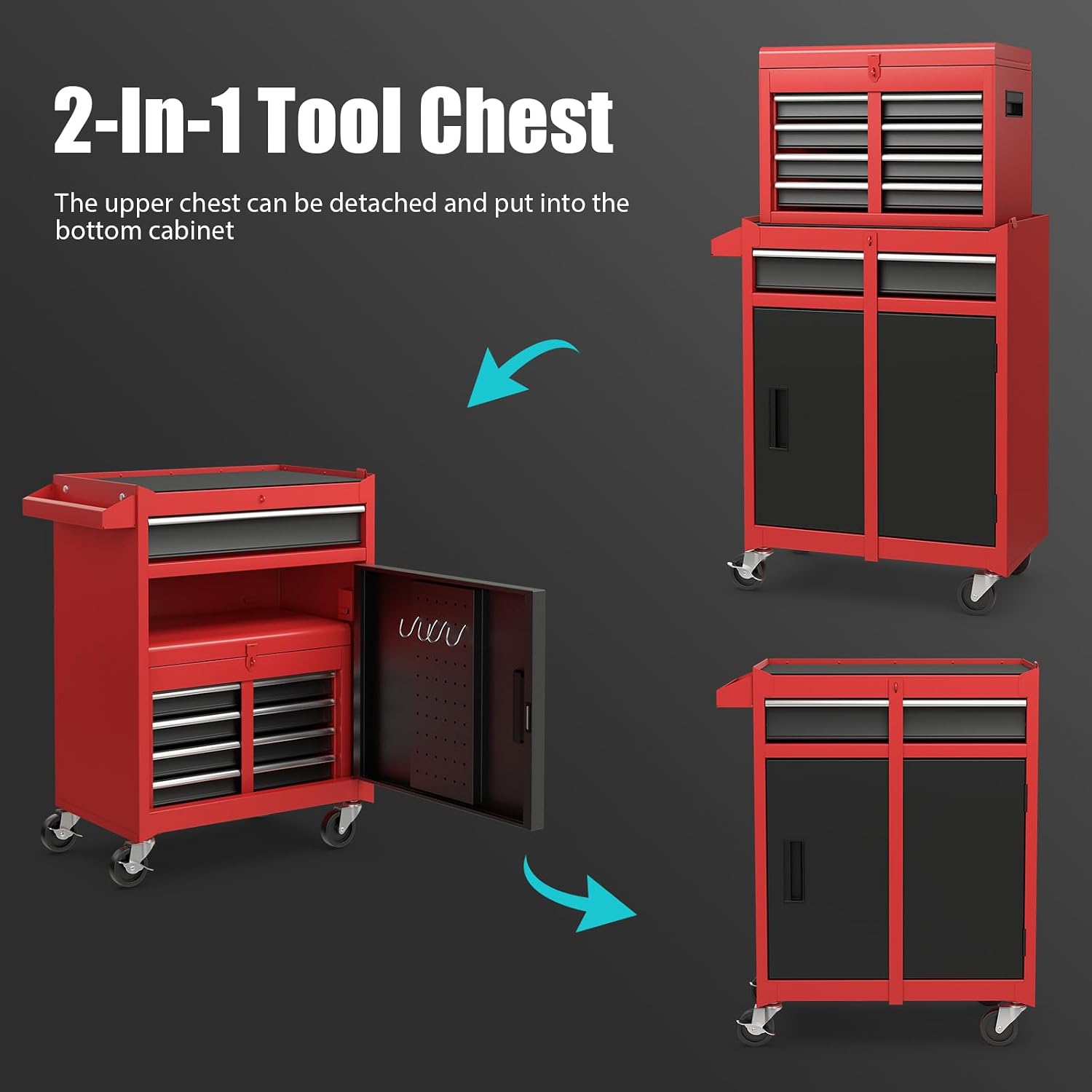 IRONMAX 5-Drawer Rolling Tool Chest, 2-in-1 Detachable Heavy Duty Tool Box Storage Cabinet with Auto Lock, Adjustable Shelf & Hooks, Metal Toolbox on Wheels for Garage Workshop (Black & Red)
