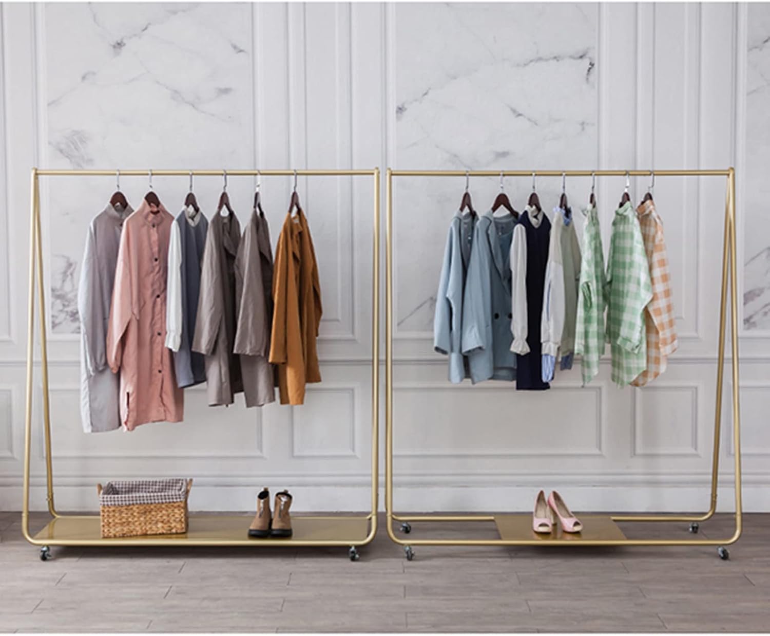 Fashionable Rolling Garment Rack with Wheels Metal Clothes Hanger Stand with Top Rod nizer Lower Storage Shelf Ideal for Hanging Clothes Shoes and Accessories