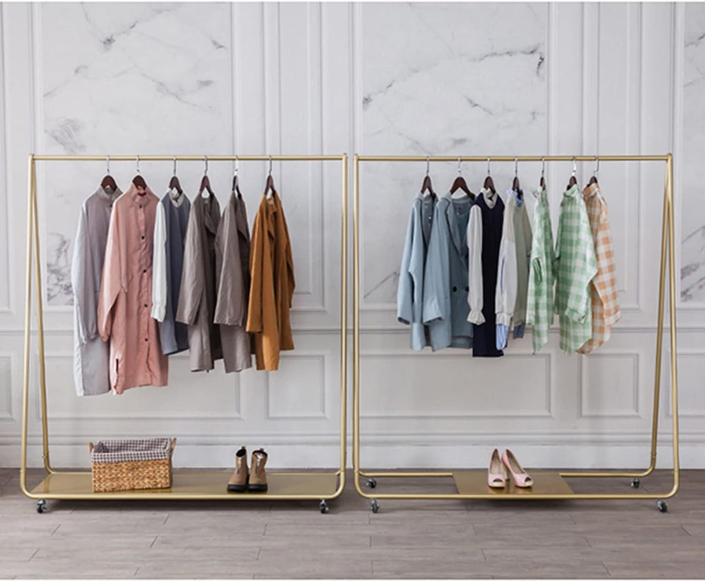 Simple Fashion Rolling Garment Rack with Wheels, Metal Cloth Hanger Rail Stand Clothes Drying Rack for Hanging Clothes, with Top Rod Organizer Shirt and Lower Storage Shelf(100 * 135cm)