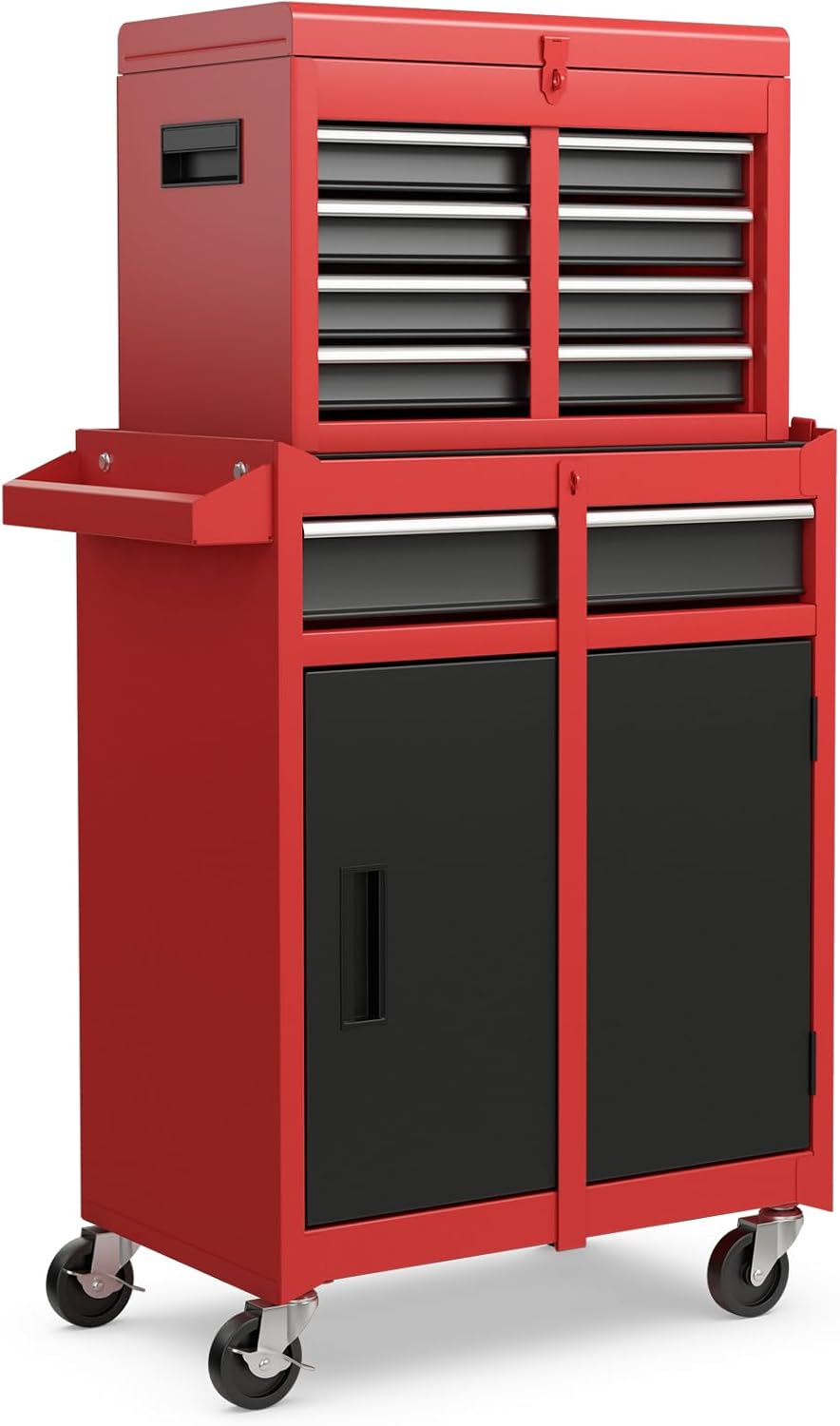 IRONMAX 5-Drawer Rolling Tool Chest, 2-in-1 Detachable Heavy Duty Tool Box Storage Cabinet with Auto Lock, Adjustable Shelf & Hooks, Metal Toolbox on Wheels for Garage Workshop (Black & Red)